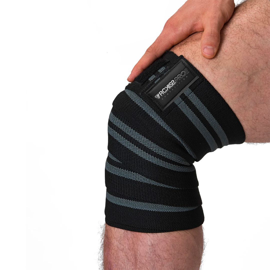 bandas de rodilla elastica de color negro con franjas grises para levantamientos olimipicos