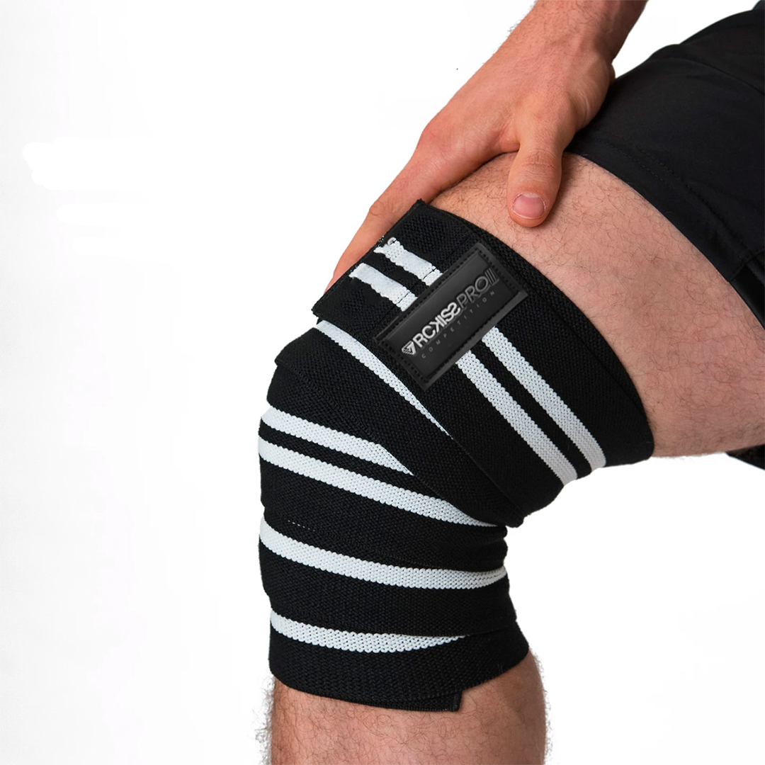 bandas de rodilla elastica de color negro con franjas blancas para levantamientos olimipicos