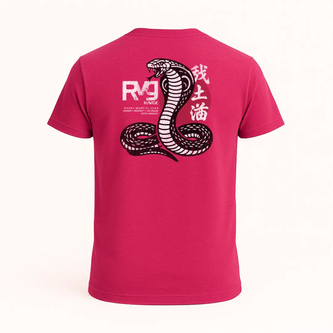 Playera RAVGE Cobra Bushido color rojo jaspe con grafico en espalda y logo RVG, disenada para uso urbano y entrenamiento.