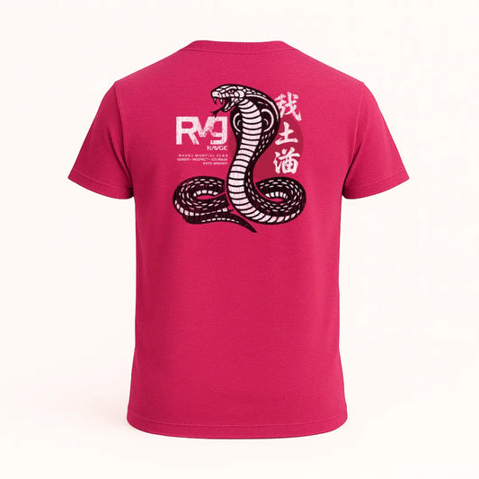 Playera RAVGE Cobra Bushido color rojo jaspe con grafico en espalda y logo RVG, disenada para uso urbano y entrenamiento.