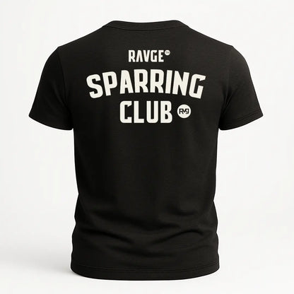 Playera negra RAVGE Sparring Club con estampado en espalda y logo RVG, disenada para uso urbano y entrenamiento.