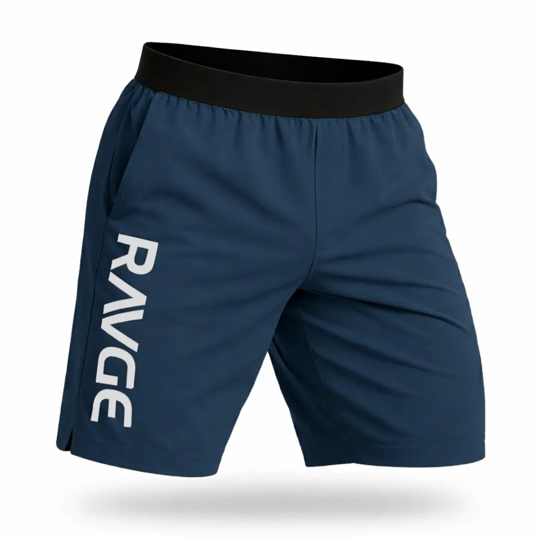 Short RAVGE color acero azul con logo RVG, largo 17 pulgadas, disenado para entrenamiento, artes marciales y uso deportivo.