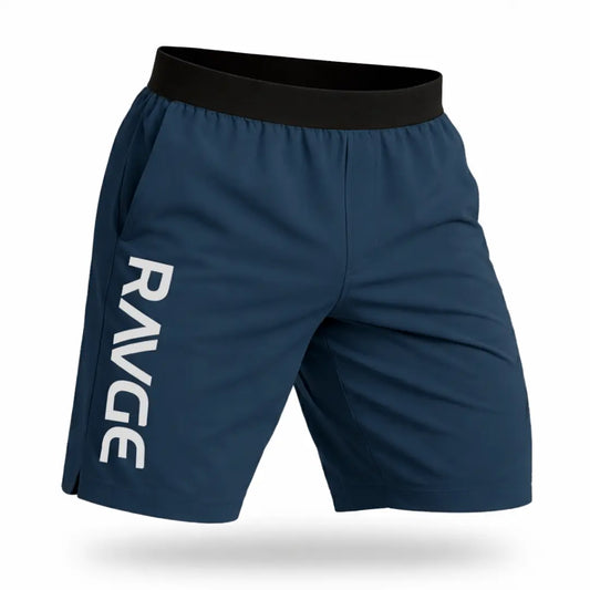 Short RAVGE color acero azul con logo RVG, largo 17 pulgadas, disenado para entrenamiento, artes marciales y uso deportivo.
